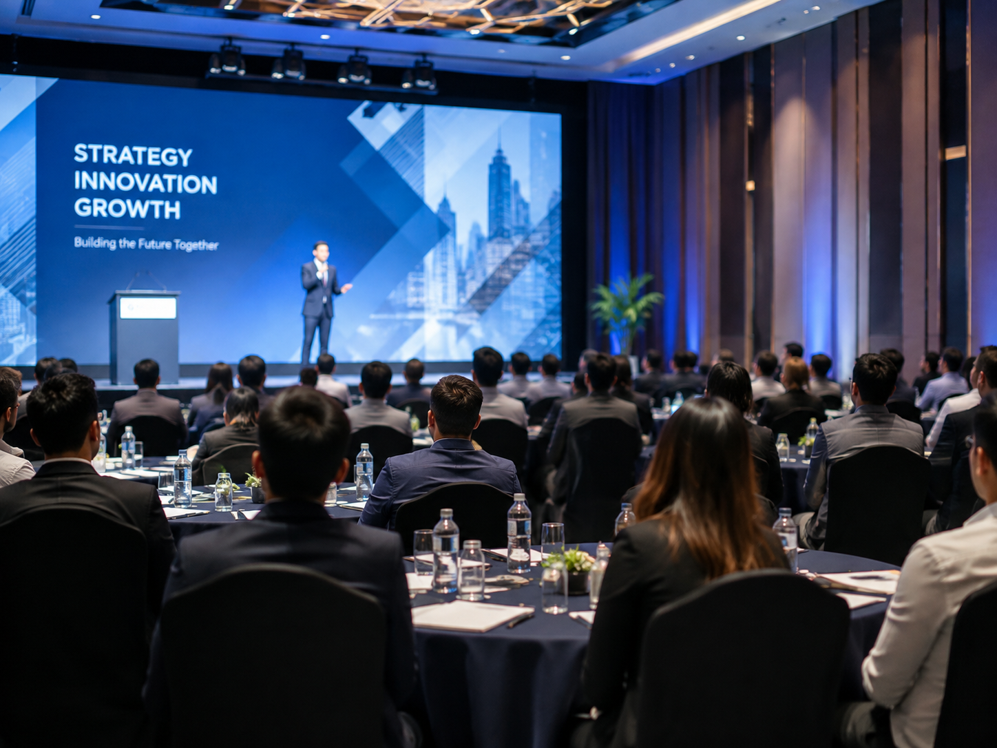 Corporate event with business professionals attending a conference presentation