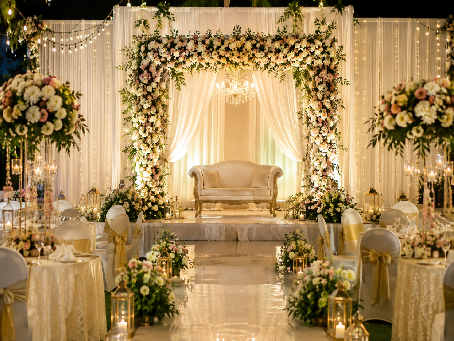 Elegant wedding reception venue with floral decorations, white drapes, candles, and a beautifully decorated wedding stage